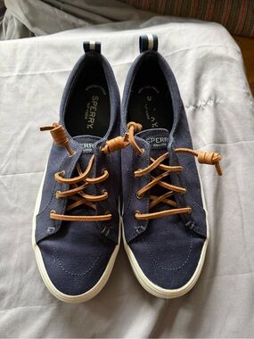 Sperry Navy Canvas Boat Shoes with Tan Laces